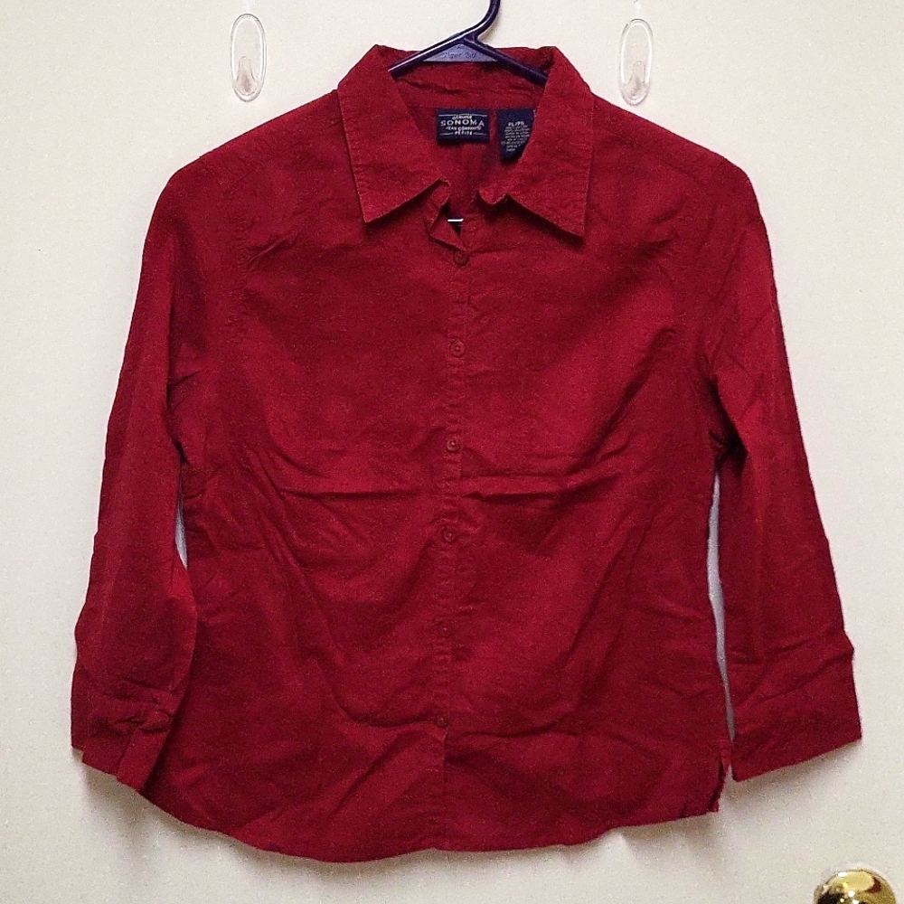 Y2K Sonoma Burgundy 3/4 Sleeve Button Down Top with Decorative Stitched Stripes